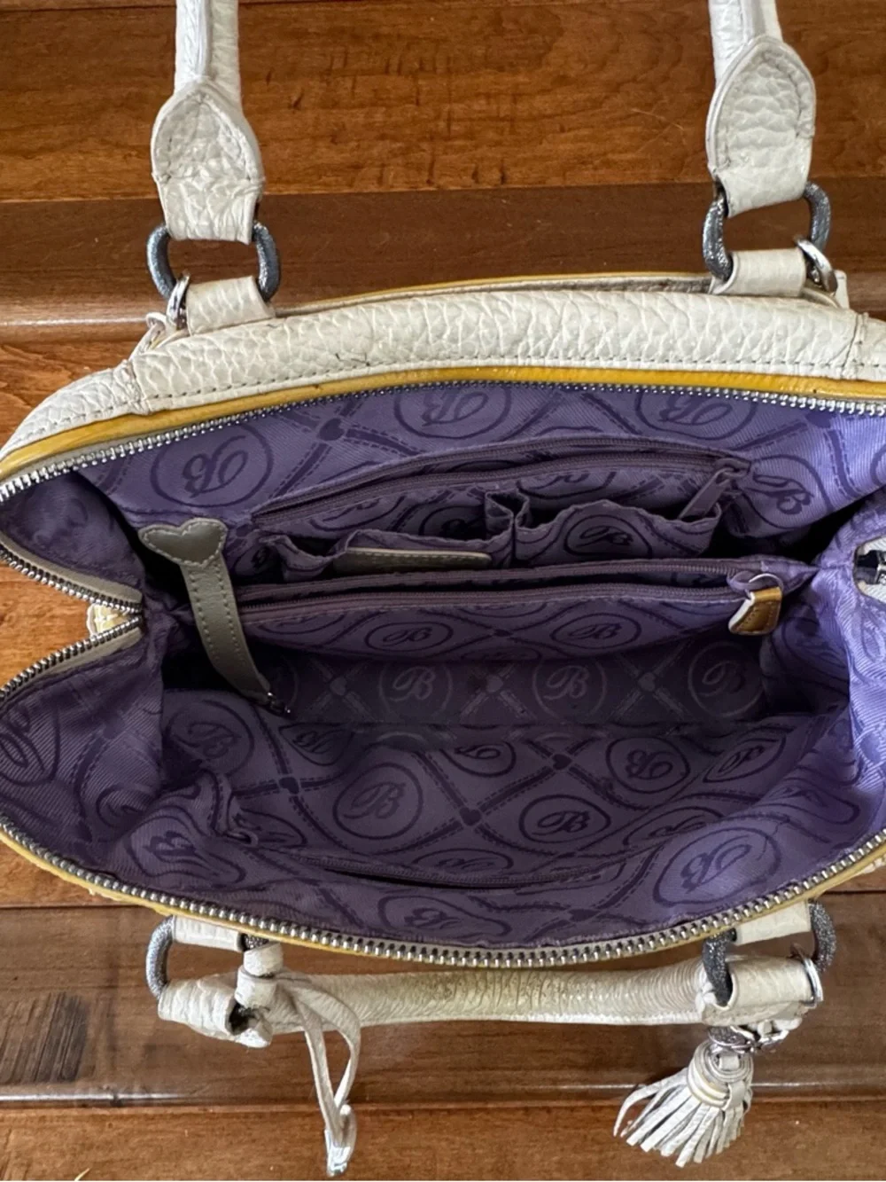 Brighton Leather Tassel Satchel - Cream with Mustard Trim
